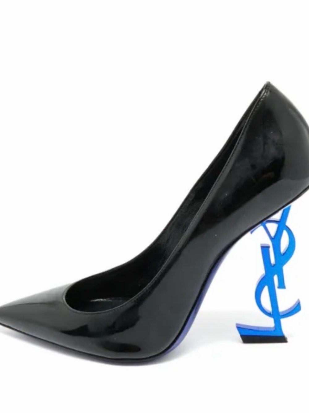 Saint Laurent Black Patent Pointed Toe Pump with Blue YSL Sculptural Heel